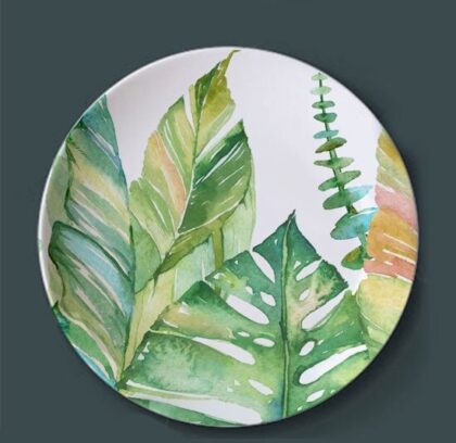 Green Plant Plates Ink Jungle Painting Ceramic Dish, Style 3